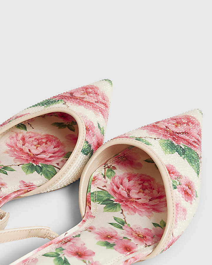 Pink Floral Diamante Slingback Court Heels