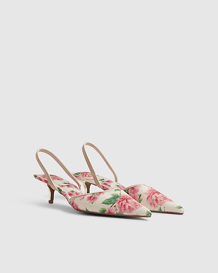 Pink Floral Diamante Slingback Court Heels