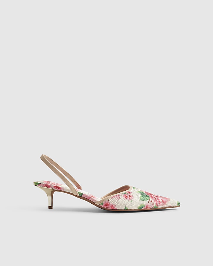 Pink Floral Diamante Slingback Court Heels