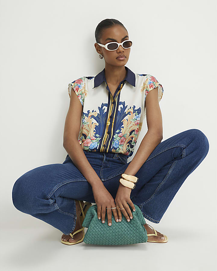 Cream Satin Printed Boxy Shirt