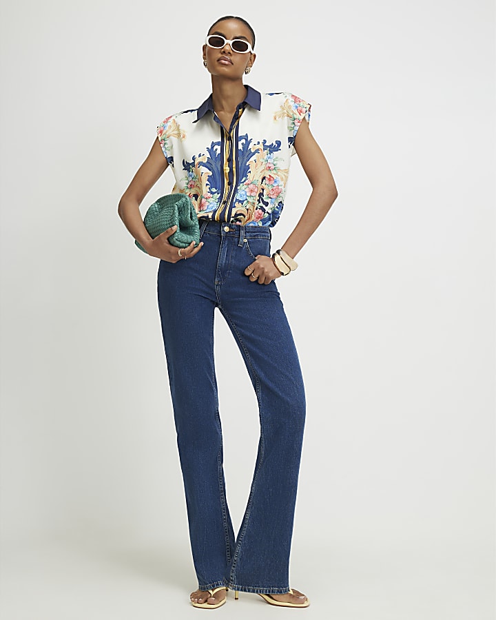 Cream Satin Printed Boxy Shirt