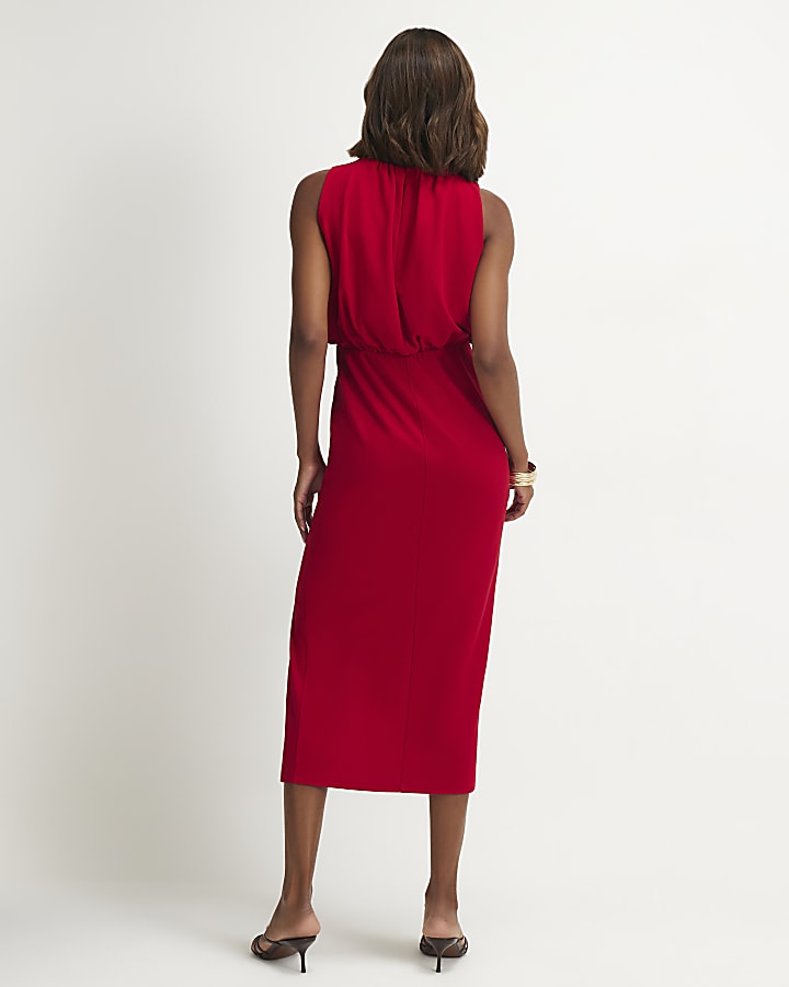 Red Crew Neck Ruched Side Midi Dress