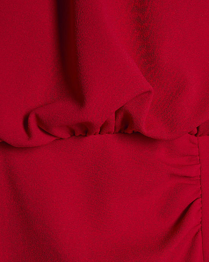 Red Crew Neck Ruched Side Midi Dress