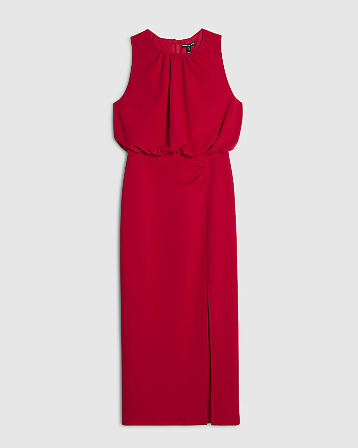 Red Crew Neck Ruched Side Midi Dress