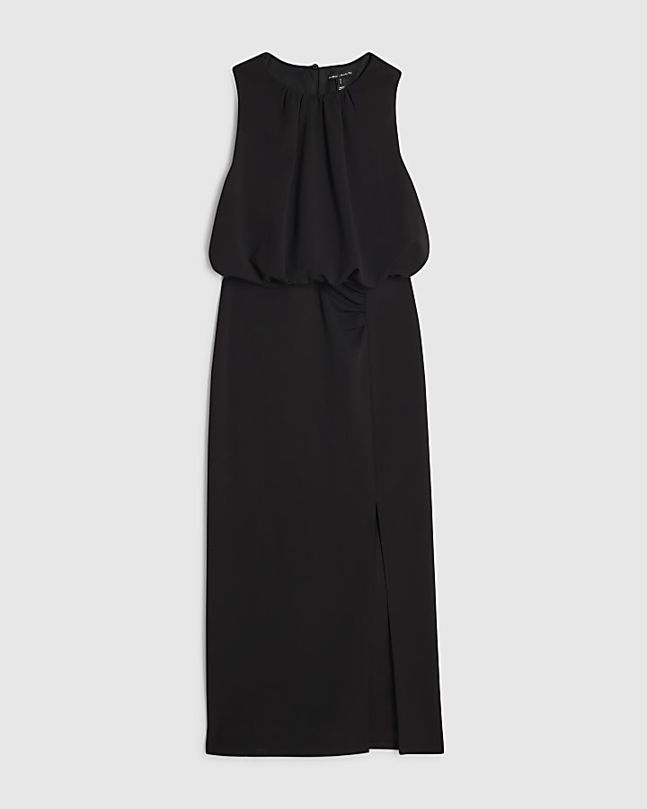 Black Crew Neck Ruched Side Midi dress