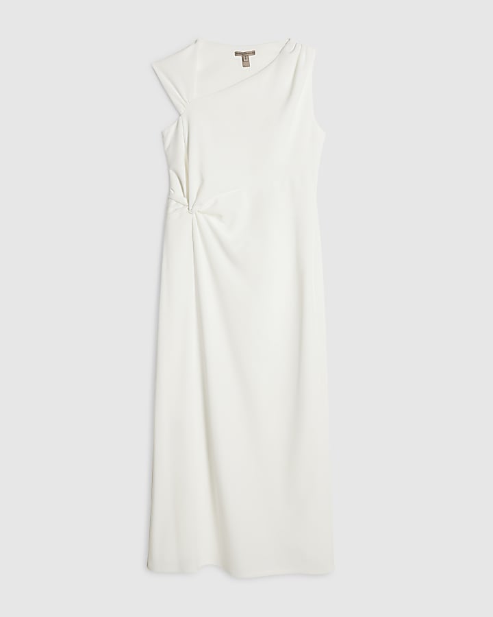 Cream Tie Side Drape Midi Dress