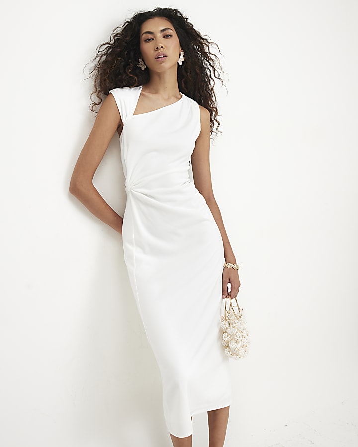 Cream Tie Side Drape Midi Dress