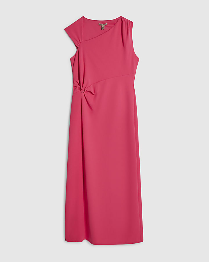 Pink Tie Side Drape Midi Dress