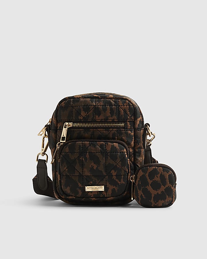 Brown Leopard Webbing Strap Crossbody Bag
