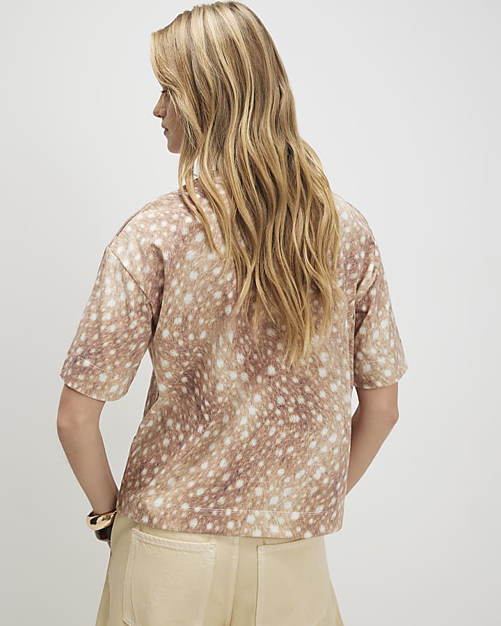 Brown Cotton Blend Bambi Print Boxy T-Shirt