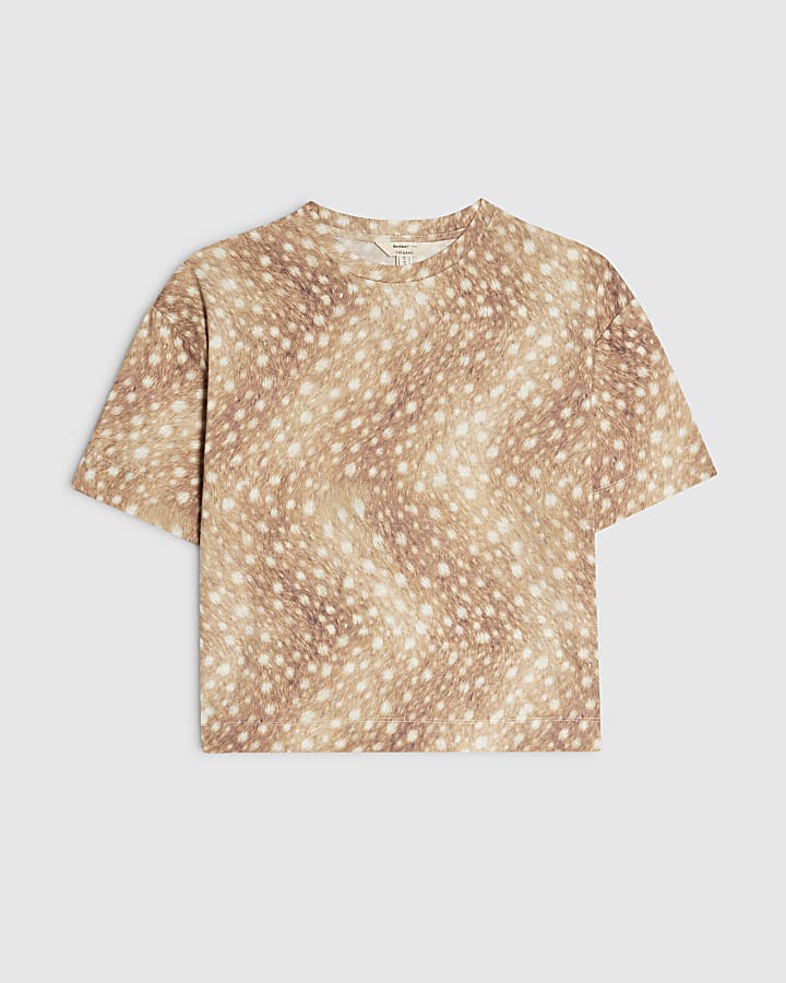 Brown Cotton Blend Bambi Print Boxy T-Shirt