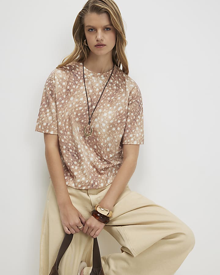 Brown Cotton Blend Bambi Print Boxy T-Shirt