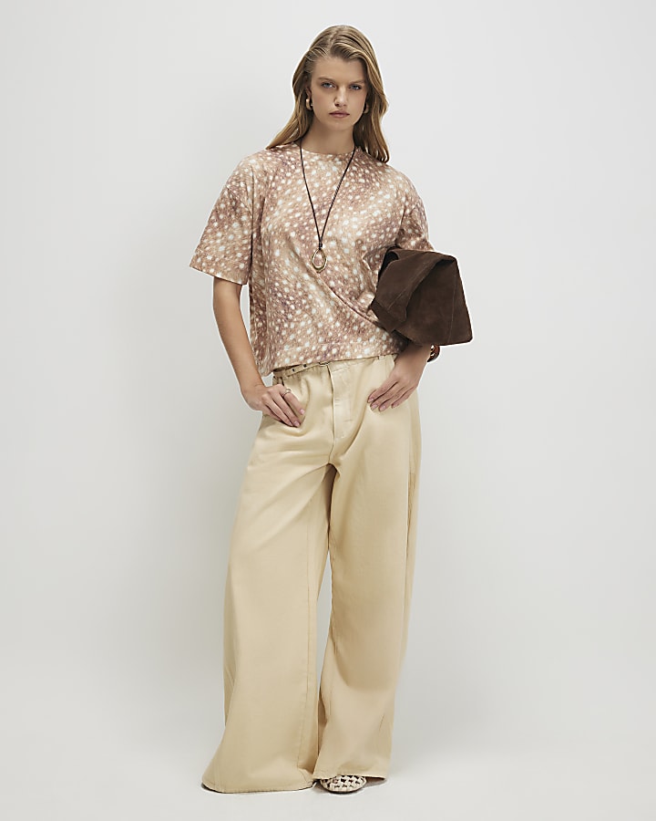 Brown Cotton Blend Bambi Print Boxy T-Shirt