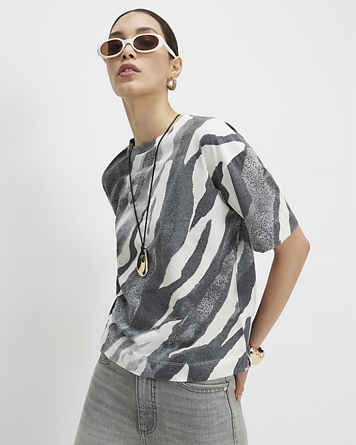 Grey Zebra Print Boxy T-shirt