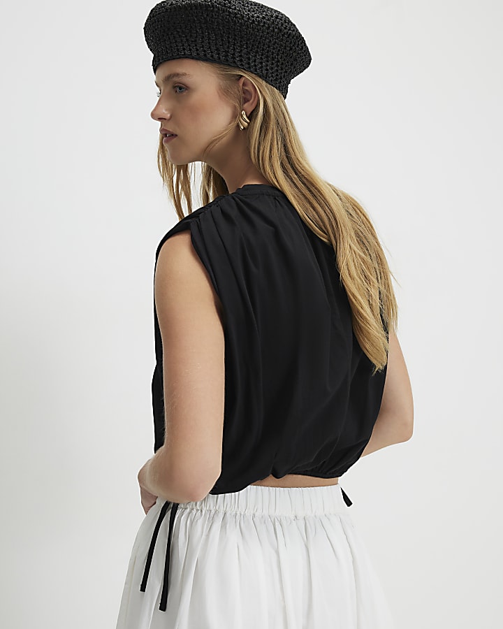 Black Cotton Short Sleeve Bubble Hem T-shirt