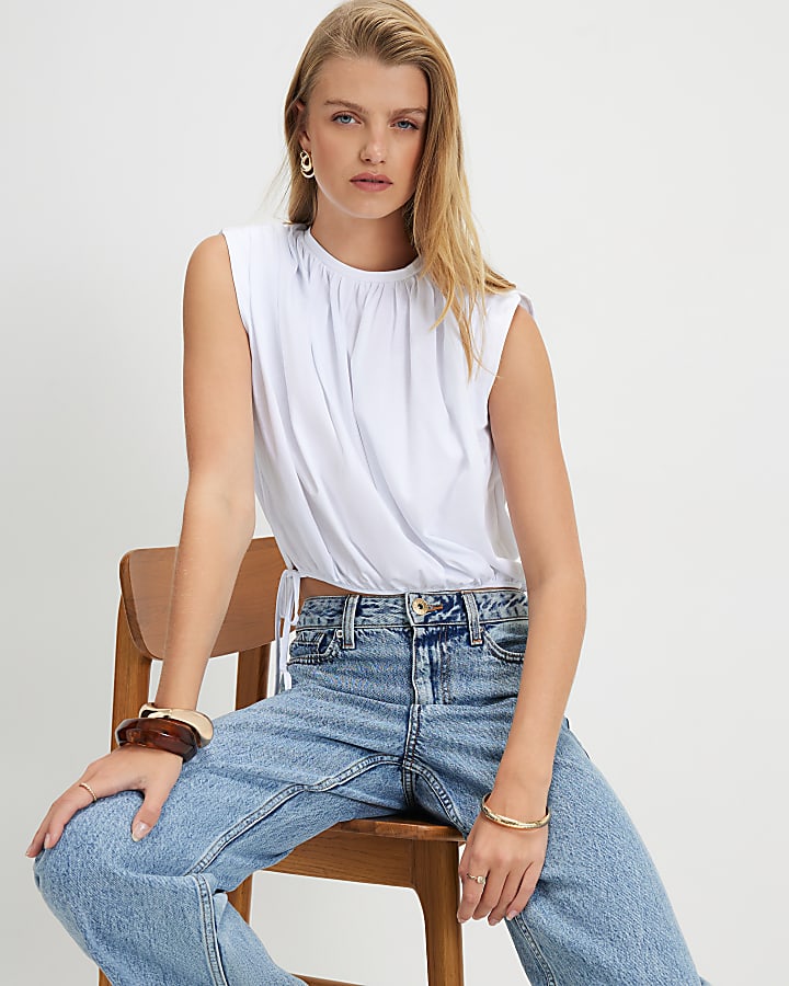 White Cotton Sleeveless Bubble Hem T-Shirt