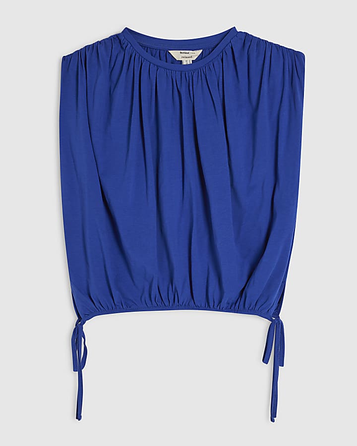 Blue Cotton Sleeveless Bubble Hem T-shirt