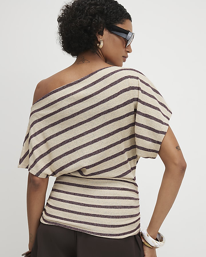 Beige Striped Banded Hem Drape Top
