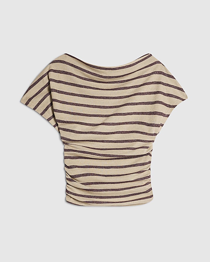 Beige Striped Banded Hem Drape Top