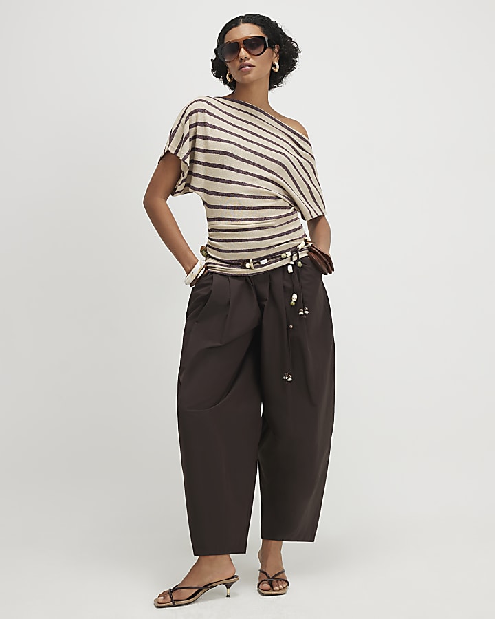 Beige Striped Banded Hem Drape Top