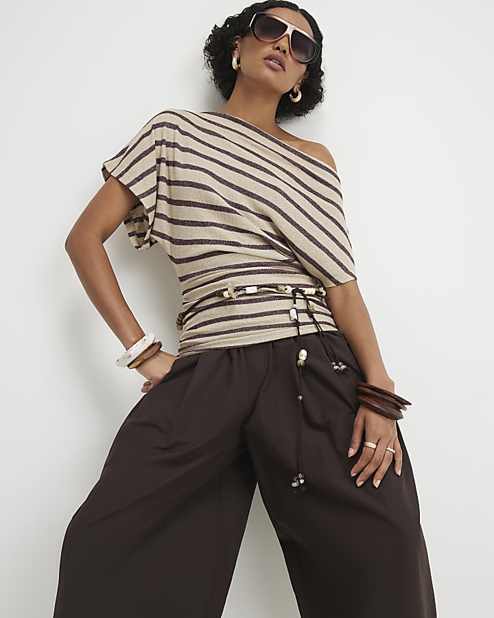 Beige Striped Banded Hem Drape Top