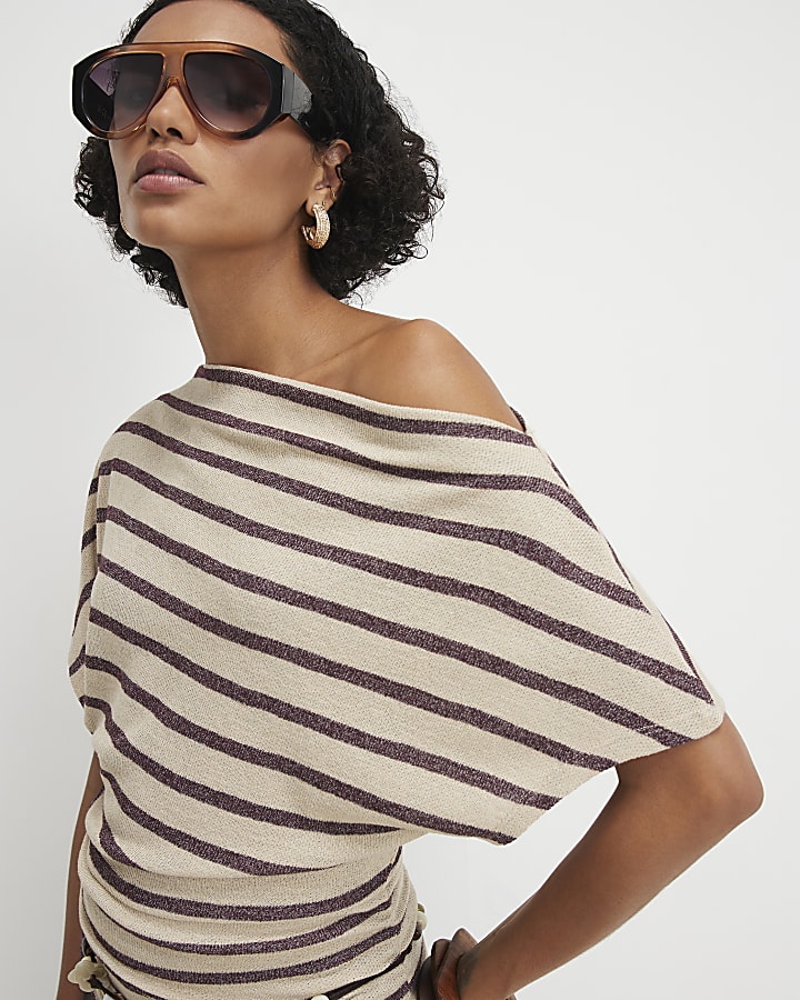 Beige Striped Banded Hem Drape Top