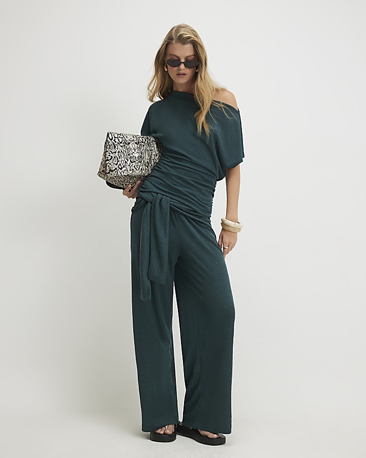 Green Cotton Banded Hem Drape Top