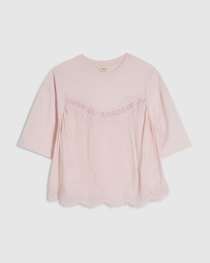 Pink Short Sleeve Lace Front T-Shirt