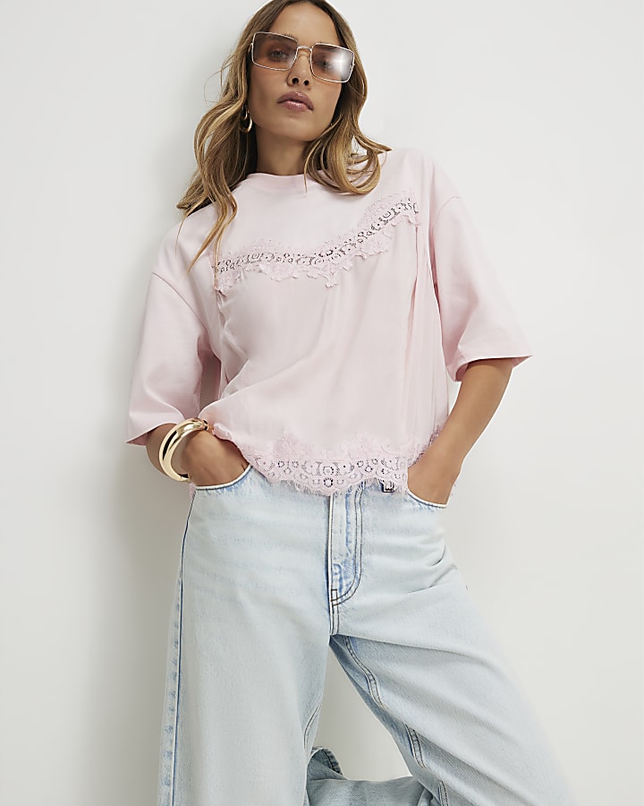 Pink Short Sleeve Lace Front T-Shirt