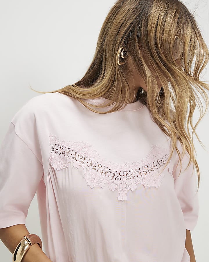 Pink Short Sleeve Lace Front T-Shirt