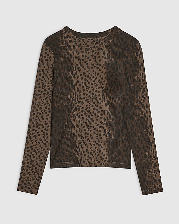 Brown Animal Print Long Sleeve Ribbed Top