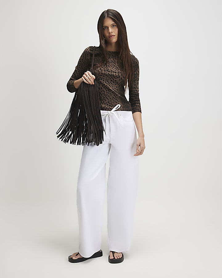 Brown Animal Print Long Sleeve Ribbed Top