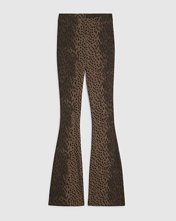 Brown High Waisted Print Rib Flared Leggings