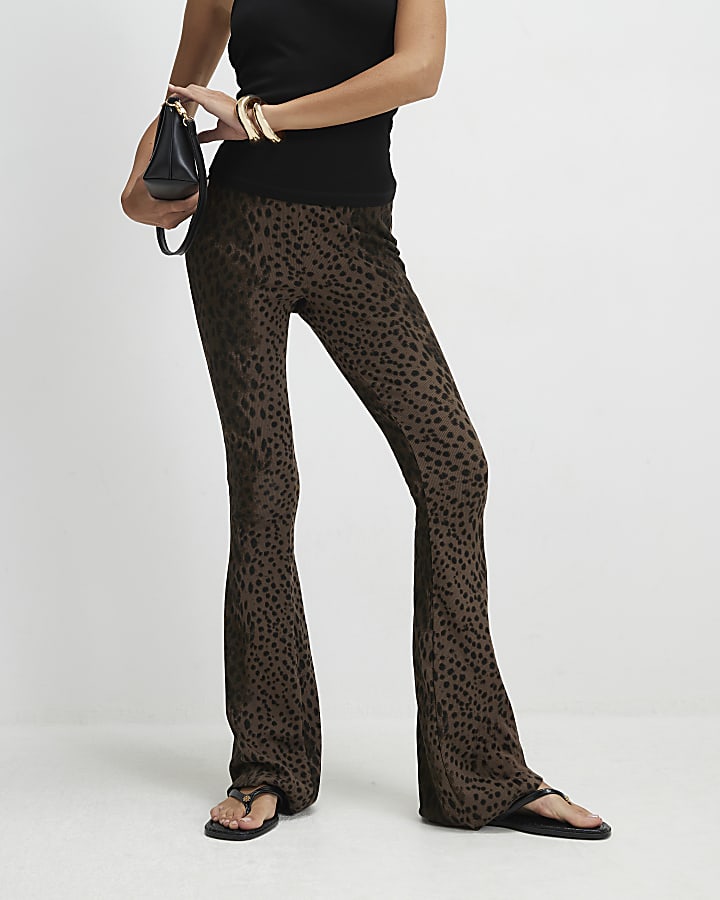 Brown High Waisted Print Rib Flared Leggings