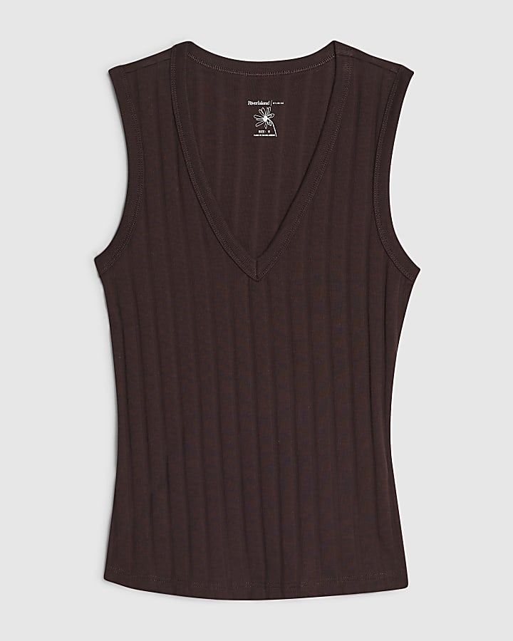 Brown Wide Ribbed V Neck Tank Top