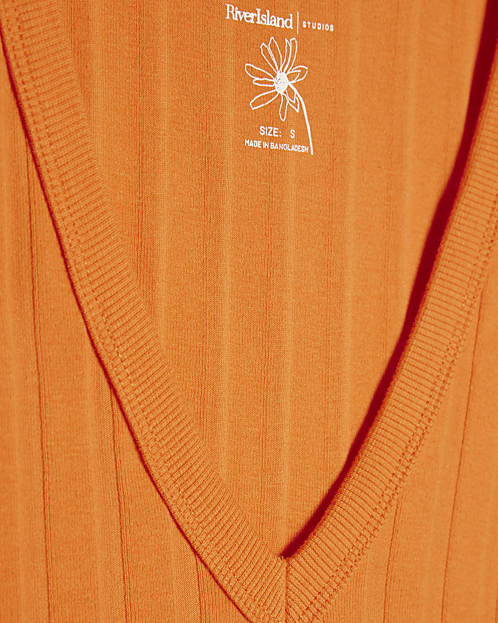 Orange Cotton Blend Wide Rib V Neck Tank Top