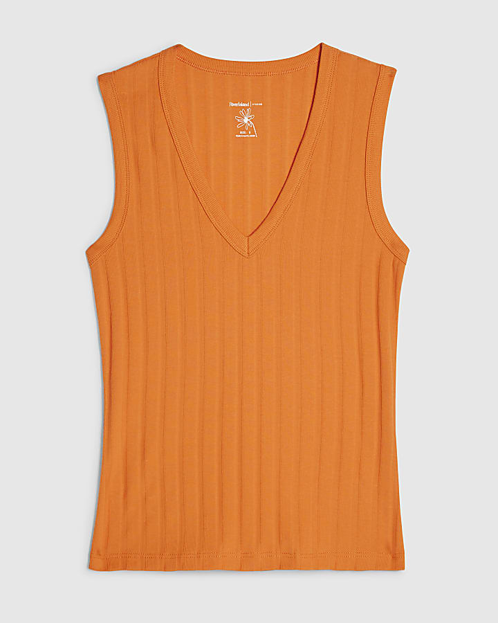 Orange Cotton Blend Wide Rib V Neck Tank Top
