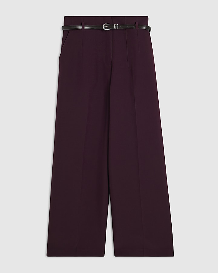 Purple Belted Cropped Straight Leg Trousers