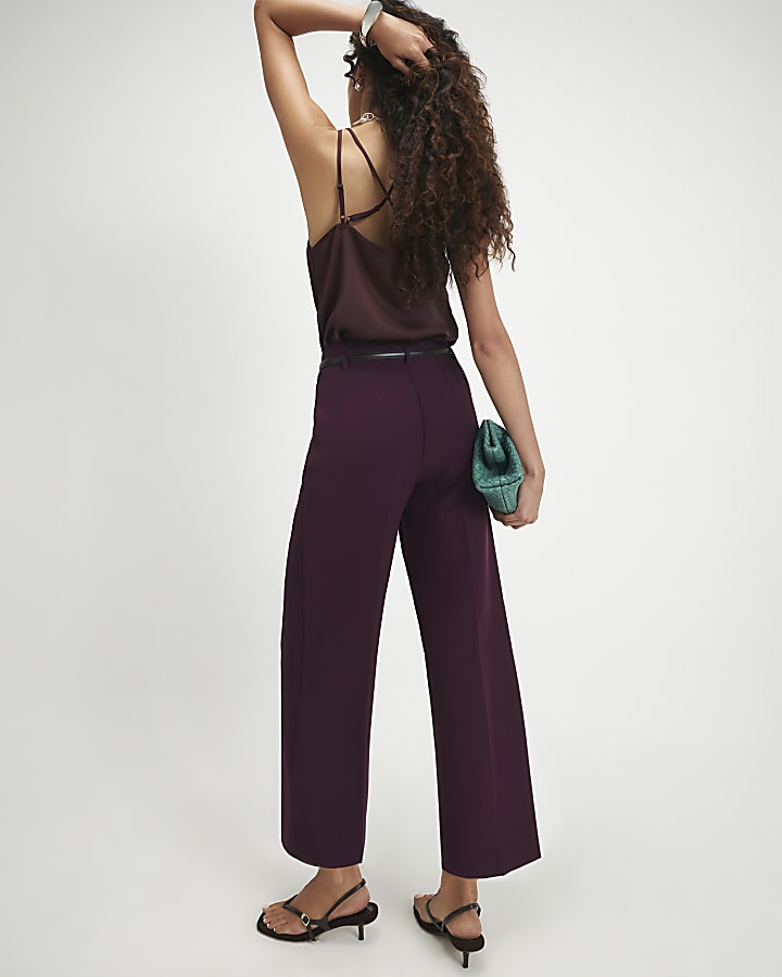 Purple Belted Cropped Straight Leg Trousers