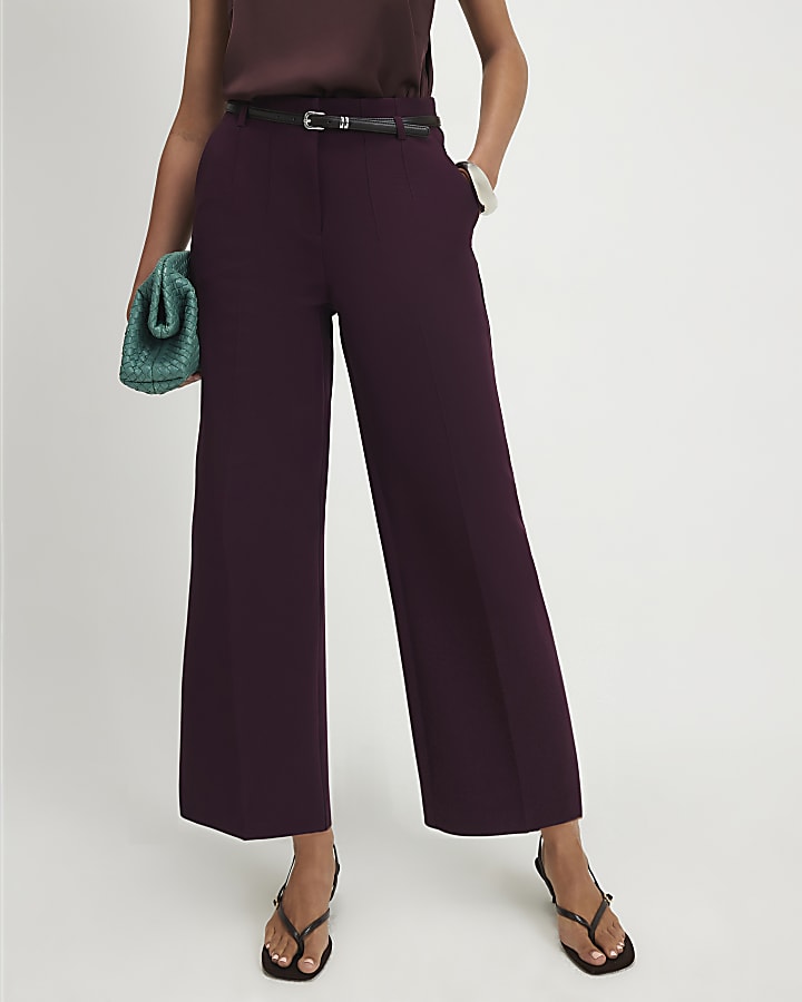 Purple Belted Cropped Straight Leg Trousers