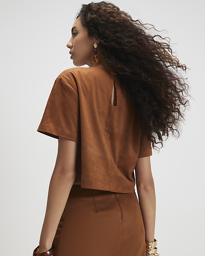 Brown Floral Cutwork Faux Suede T-Shirt