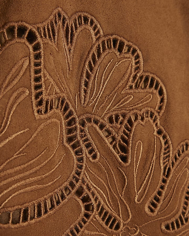 Brown Floral Cutwork Faux Suede T-Shirt