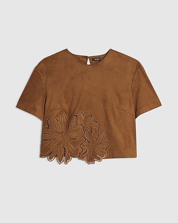 Brown Floral Cutwork Faux Suede T-Shirt