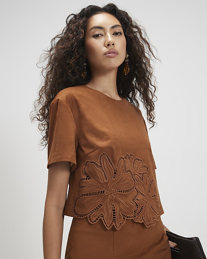 Brown Floral Cutwork Faux Suede T-Shirt