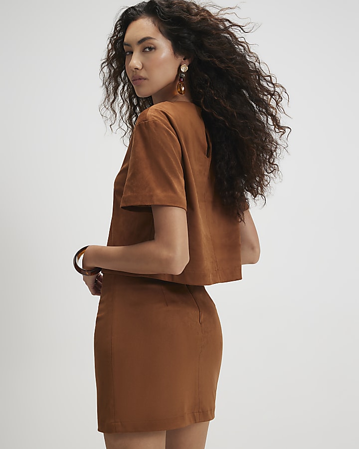 Brown Floral Cutwork Faux Suede Mini Skirt