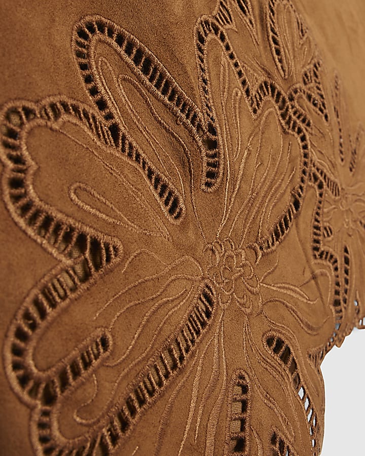 Brown Floral Cutwork Faux Suede Mini Skirt