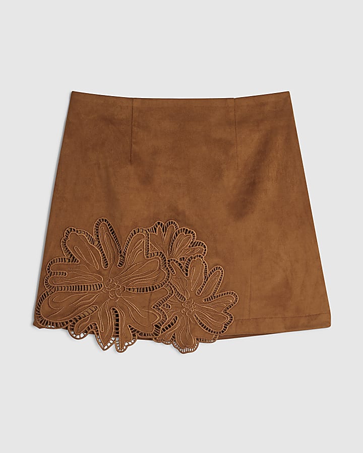 Brown Floral Cutwork Faux Suede Mini Skirt