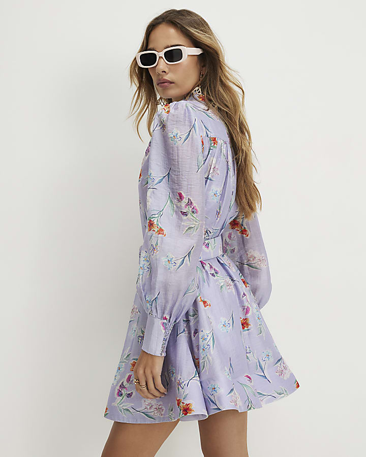 Purple Linen Blend Floral Shirt Dress