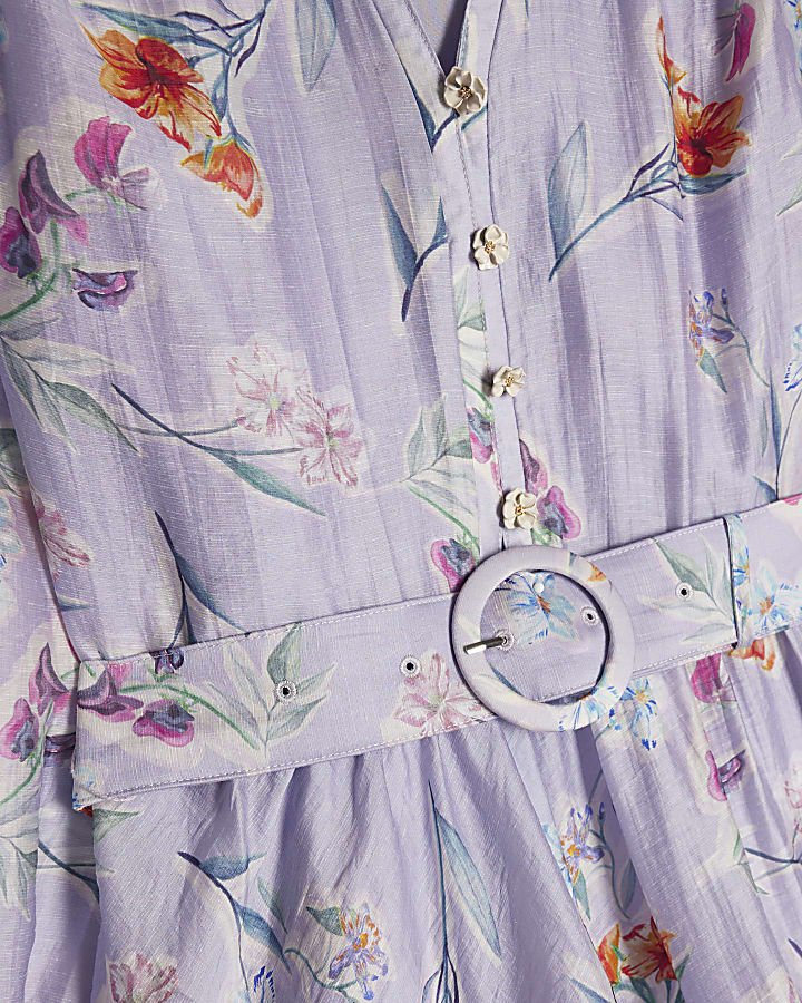 Purple Linen Blend Floral Shirt Dress