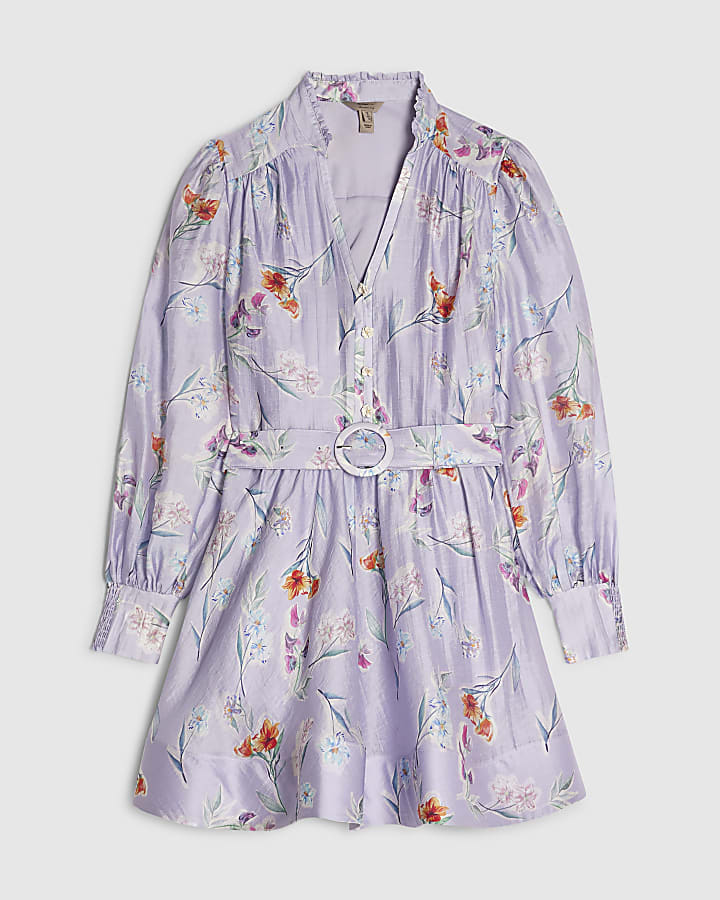Purple Linen Blend Floral Shirt Dress